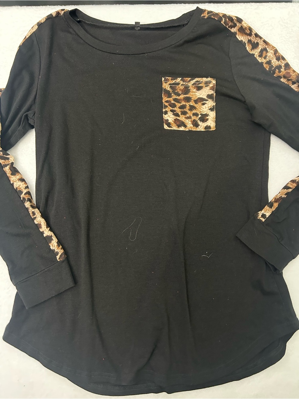 Black Long Sleeve Top with Leopard Pocket & Trim
